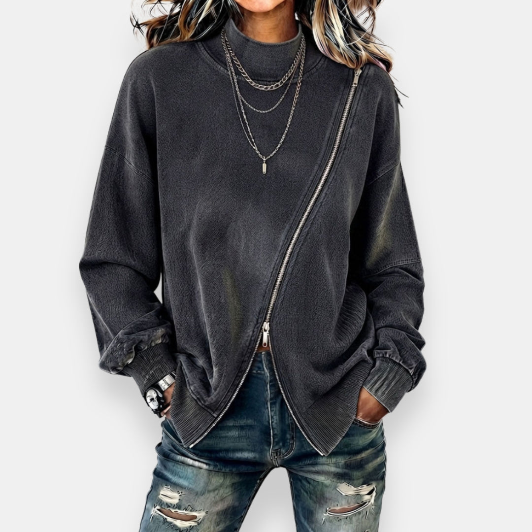 Sudadera oversize para mujer con cremallera diagonal y efecto vintage
