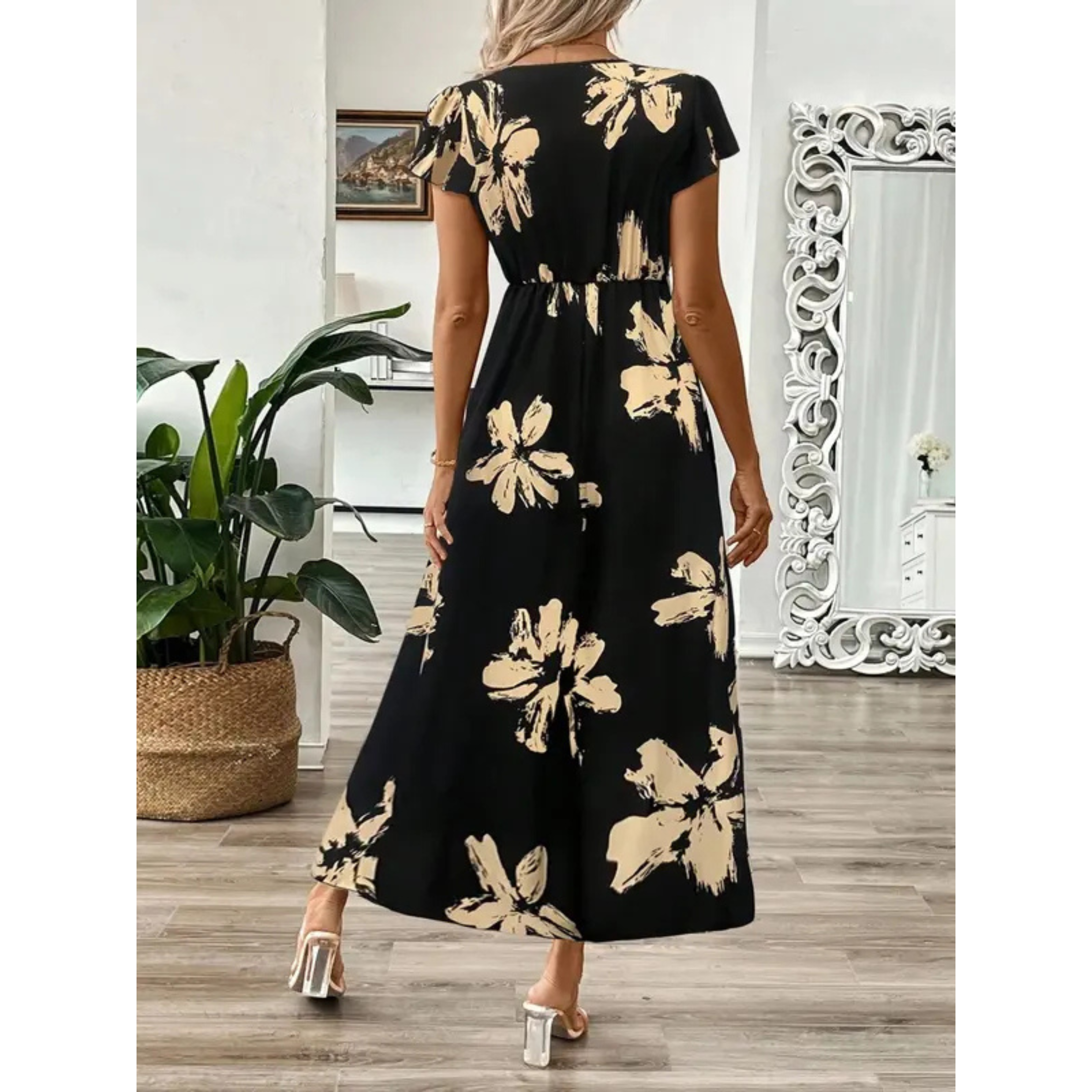Vestido maxi mujer flores negro beige elegante fluido