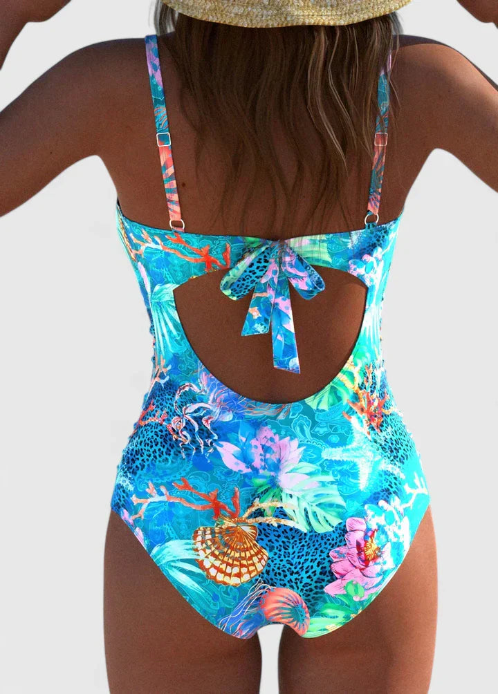 Bañador mujer una pieza tropical marino escote V moldeador