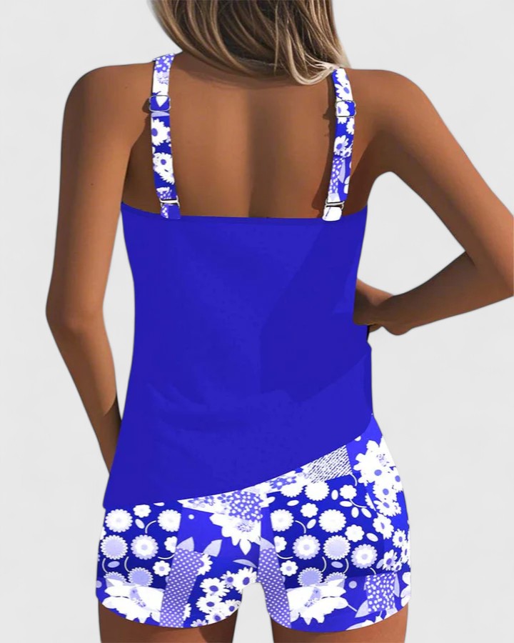 Tankini mujer dos piezas floral top liso espalda nadadora shorts deportivos