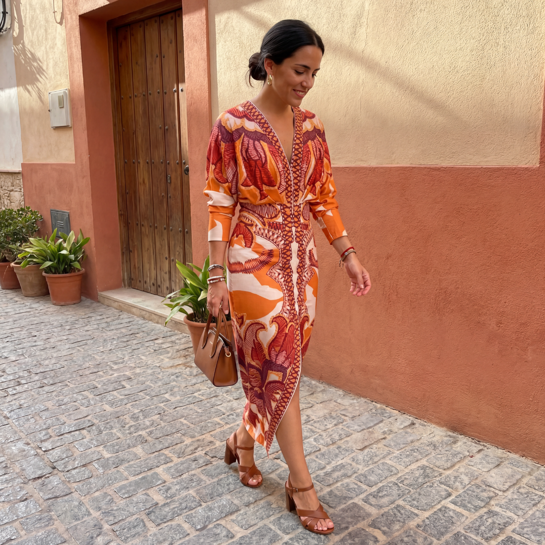 Vestido mujer elegante escote V estampado – vestido midi cruzado fluido