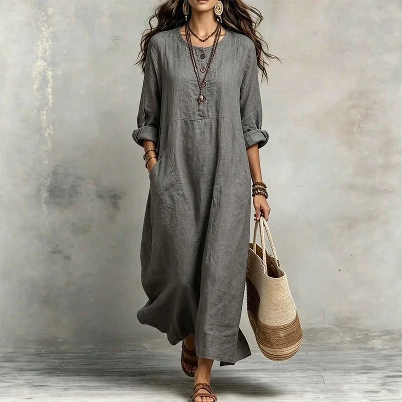 Vestido largo para mujer de corte amplio con botones y bolsillos