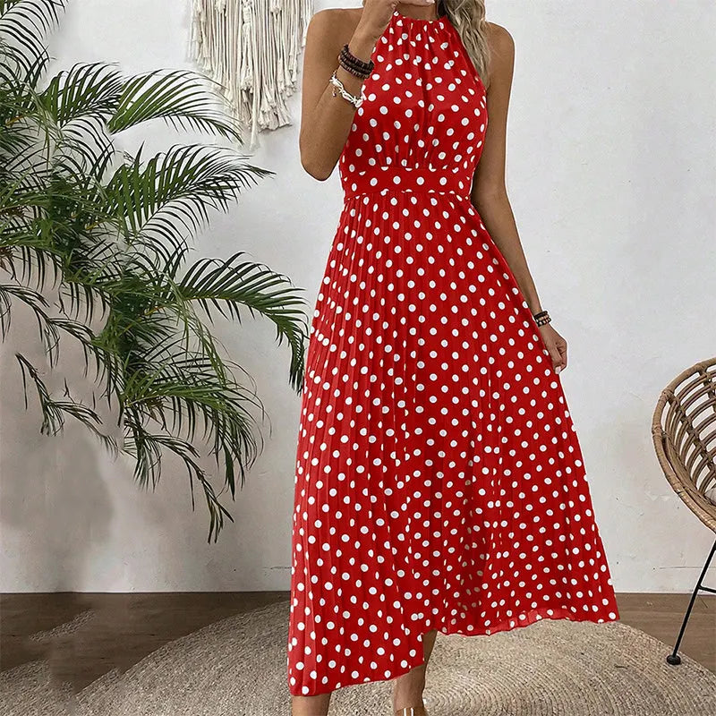 Vestido maxi de mujer con lunares y cuello halter