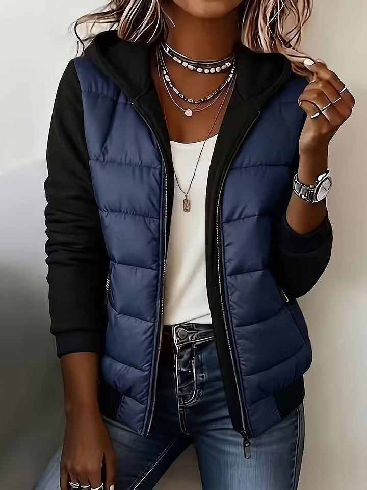 Chaqueta acolchada bicolor para mujer con capucha y cremallera