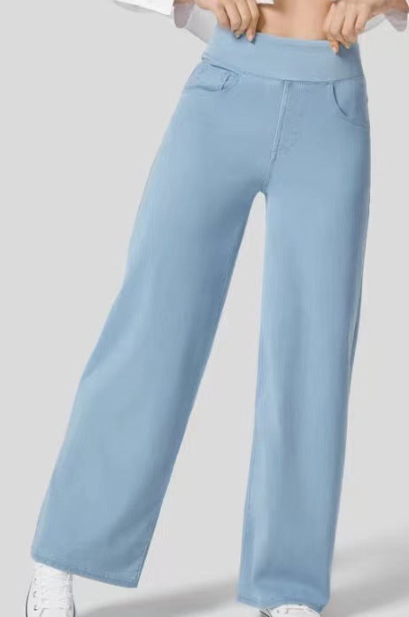 Jean mujer pierna ancha talle alto denim elástico moldeador casual moderno