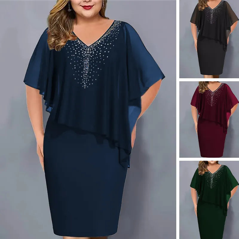 Vestido capa midi para mujer con strass y superposición de gasa