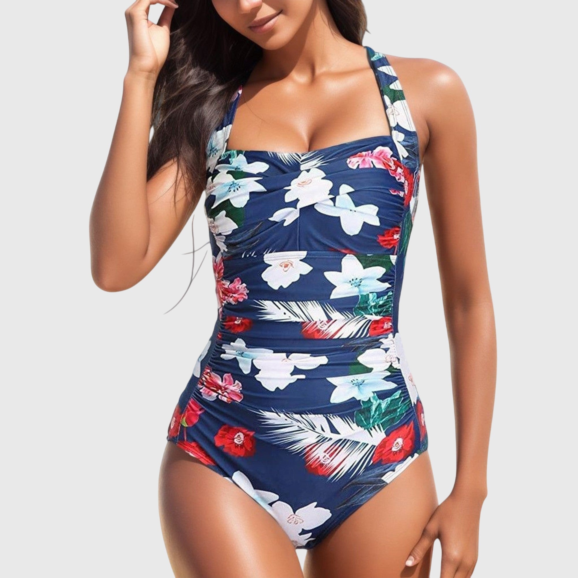 Bañador mujer una pieza estampado tropical fruncido halter moldeador playa