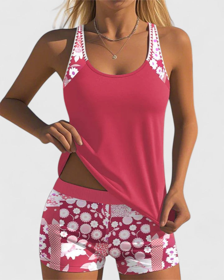 Tankini mujer dos piezas floral top liso espalda nadadora shorts deportivos