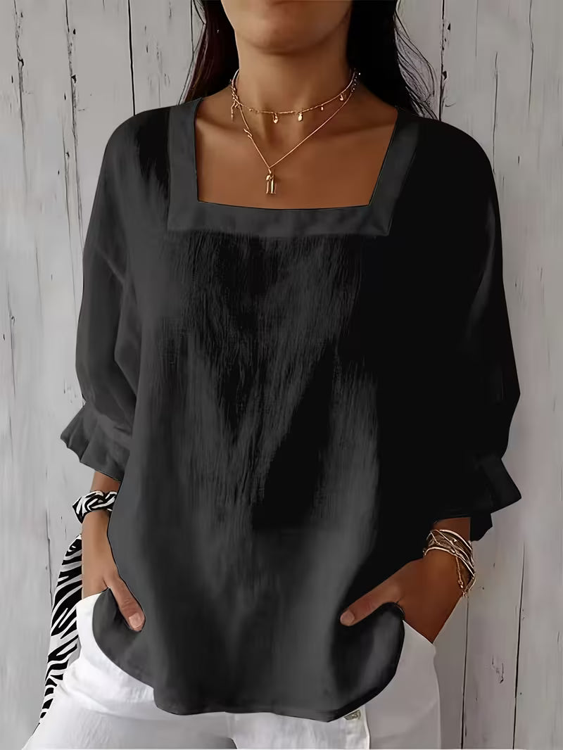 Blusa mujer de cuello cuadrado con mangas largas fluidas elegante