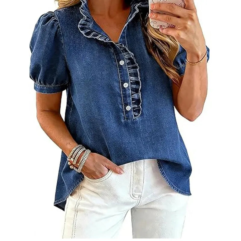 Top denim mujer con cuello volante y mangas abullonadas