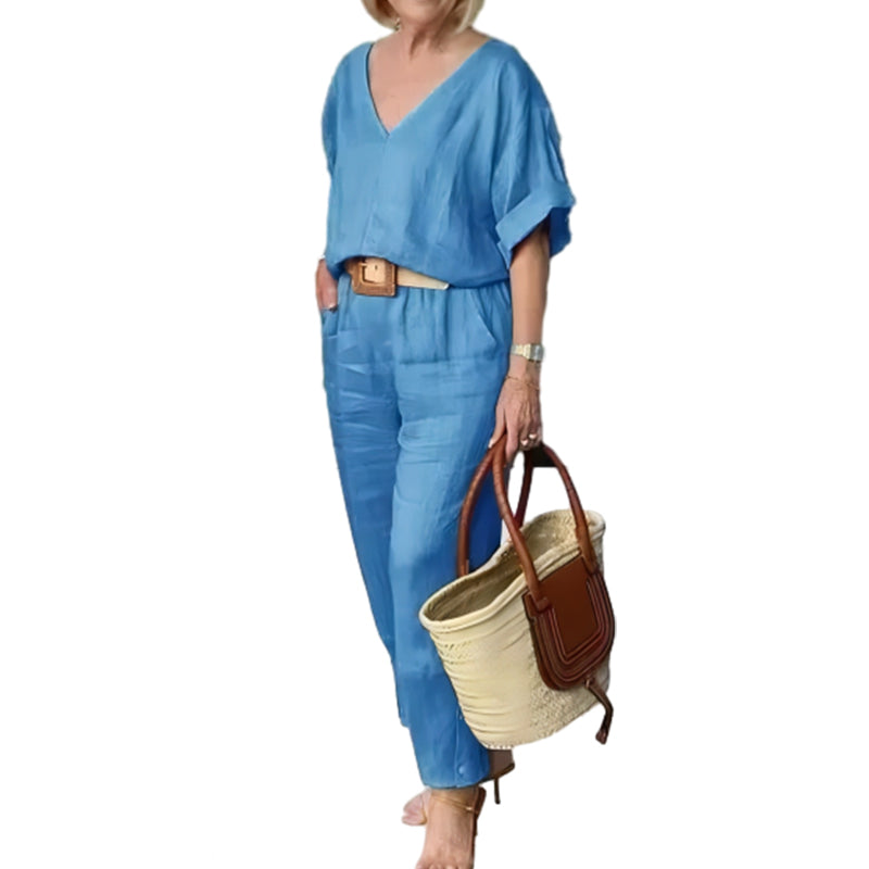 Conjunto mujer cuello V pantalón recto bolsillos casual chic