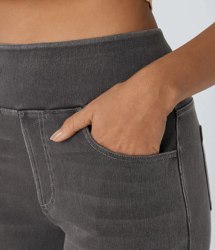 Jean mujer pierna ancha talle alto denim elástico moldeador casual moderno