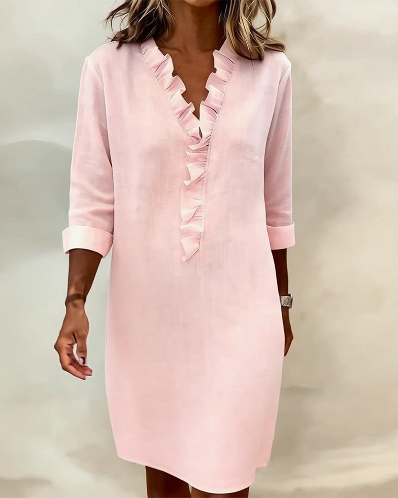 Vestido mujer lino algodón escote V volantes elegante casual