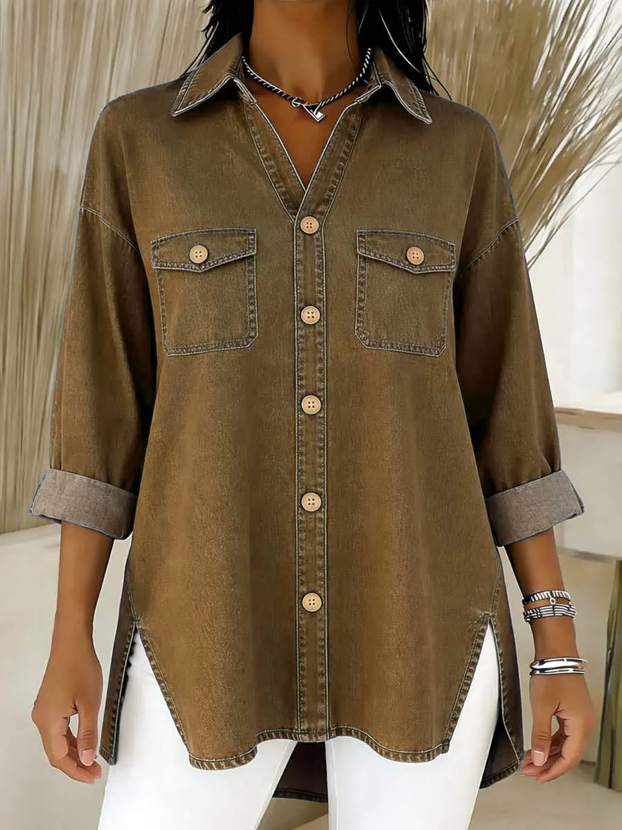 Camisa larga de denim para mujer con bolsillos y corte amplio