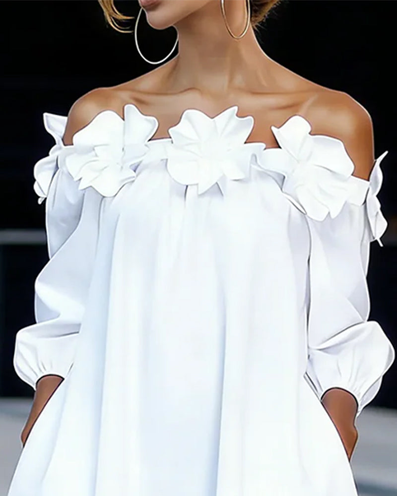 Vestido corto mujer con hombros descubiertos y flores 3D
