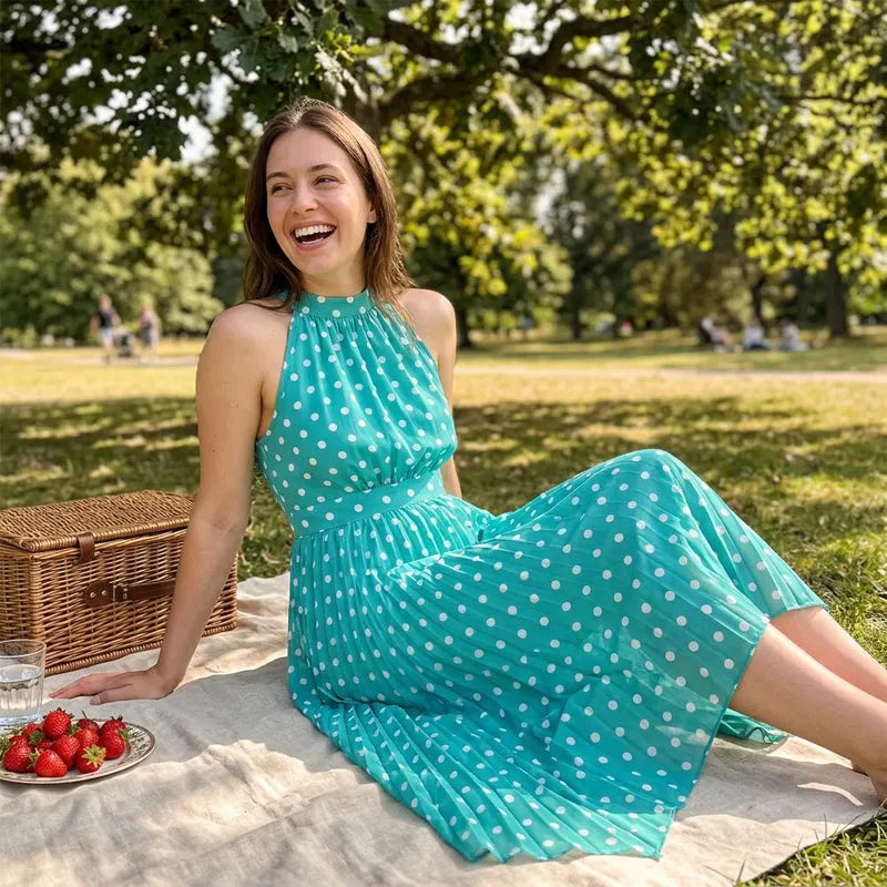 Vestido maxi de mujer con lunares y cuello halter
