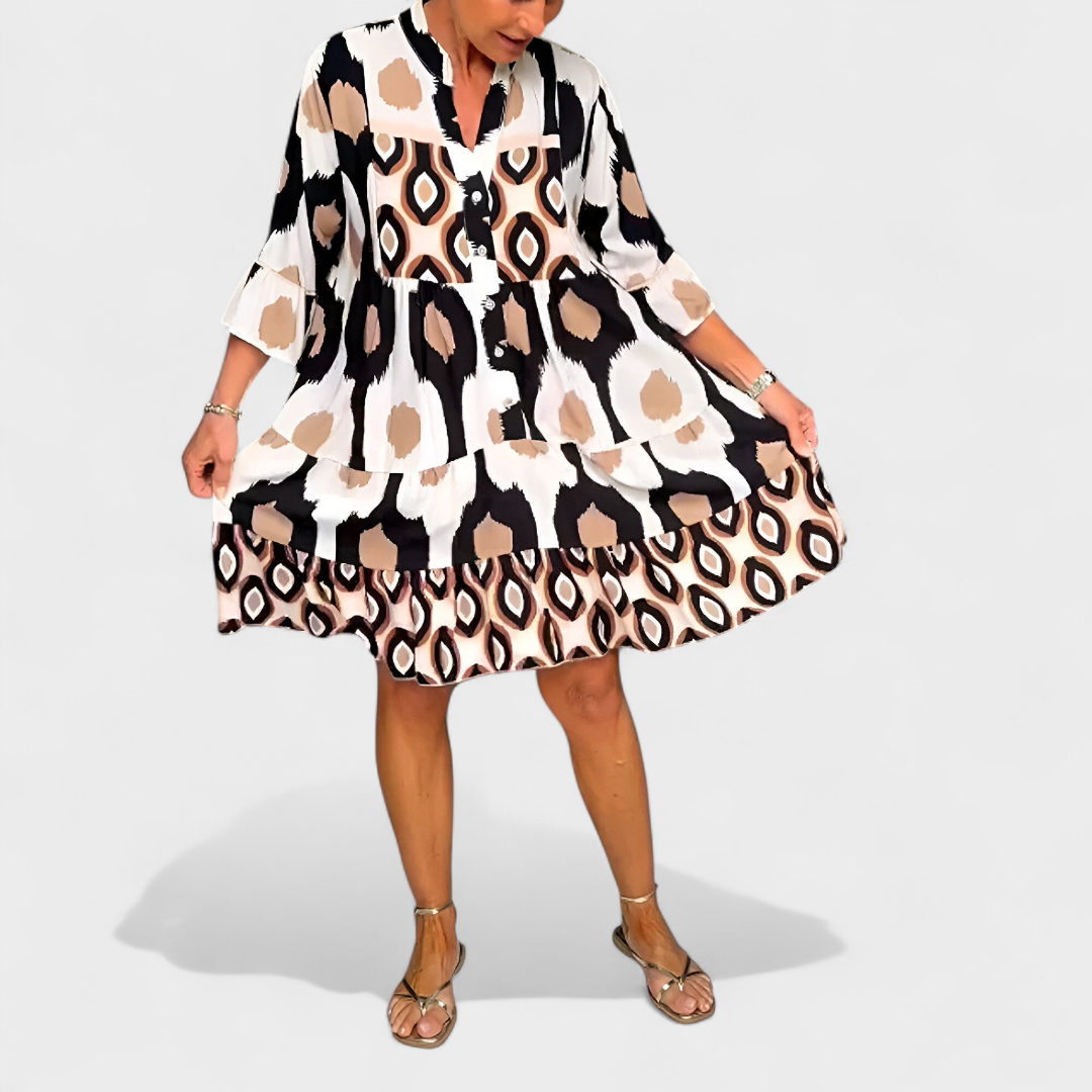 Vestido mujer amplio estampado ikat geométrico cuello V manga acampanada casual