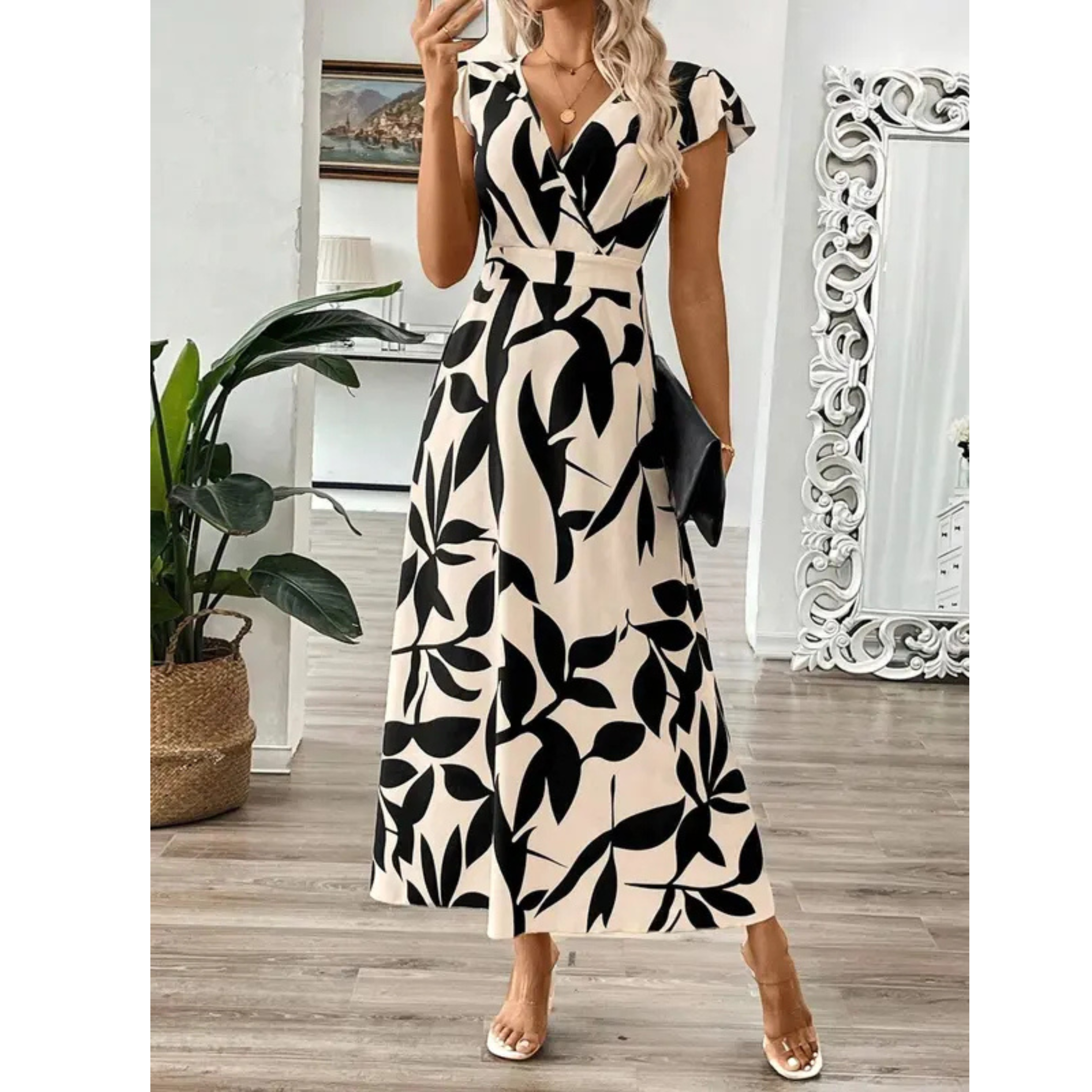 Vestido maxi mujer flores negro beige elegante fluido