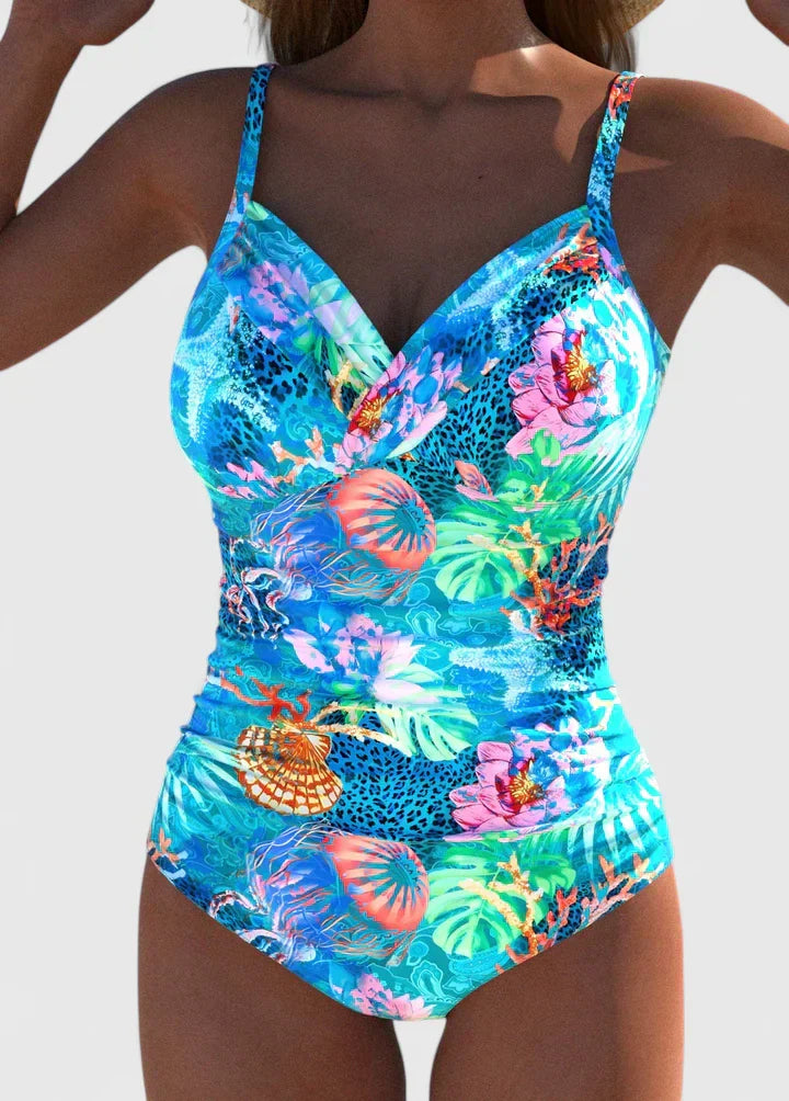 Bañador mujer una pieza tropical marino escote V moldeador