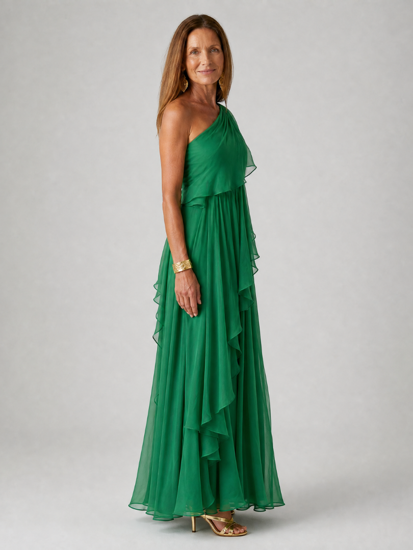 Vestido maxi asimétrico para mujer con volantes
