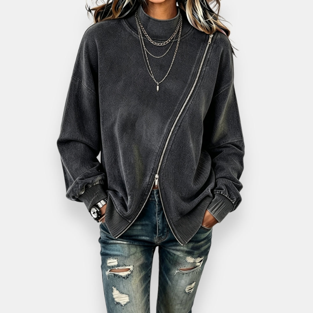 Sudadera oversize para mujer con cremallera diagonal y efecto vintage
