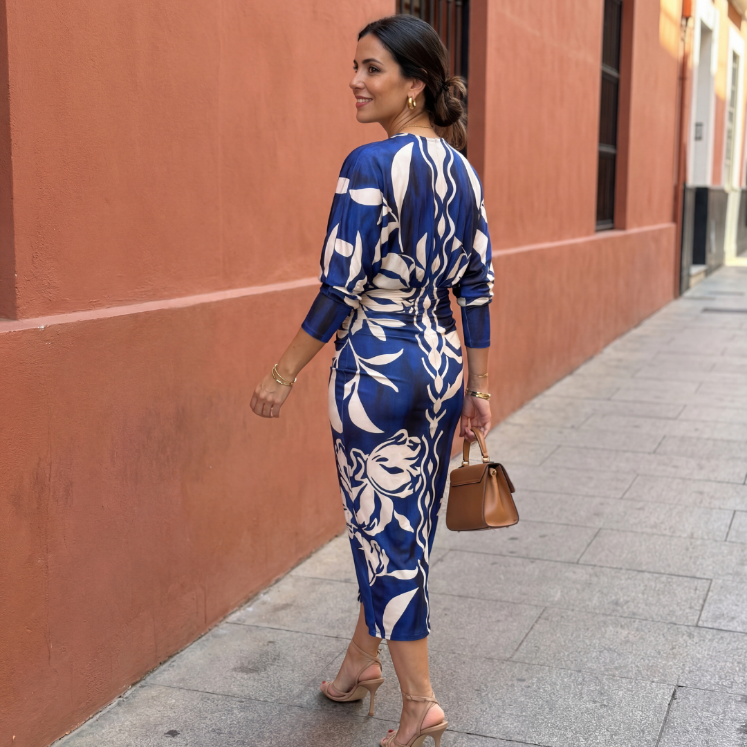 Vestido mujer elegante escote V estampado – vestido midi cruzado fluido