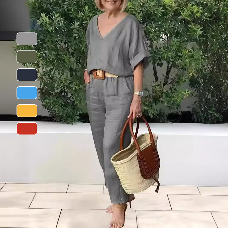 Conjunto mujer cuello V pantalón recto bolsillos casual chic