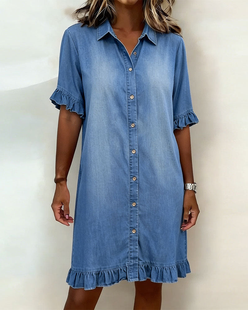 Vestido Denim Mujer con Botones y Volantes – Estilo Casual Cómodo