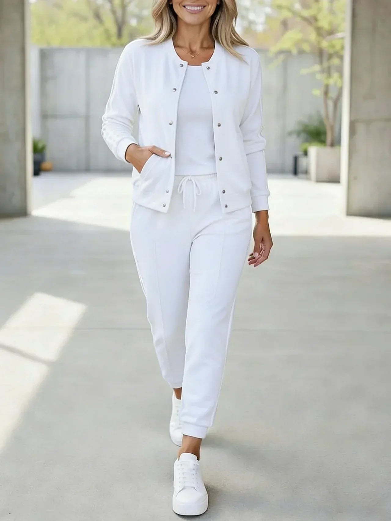 Conjunto mujer 3 piezas sport chic – chaqueta pantalón rayas elegantes