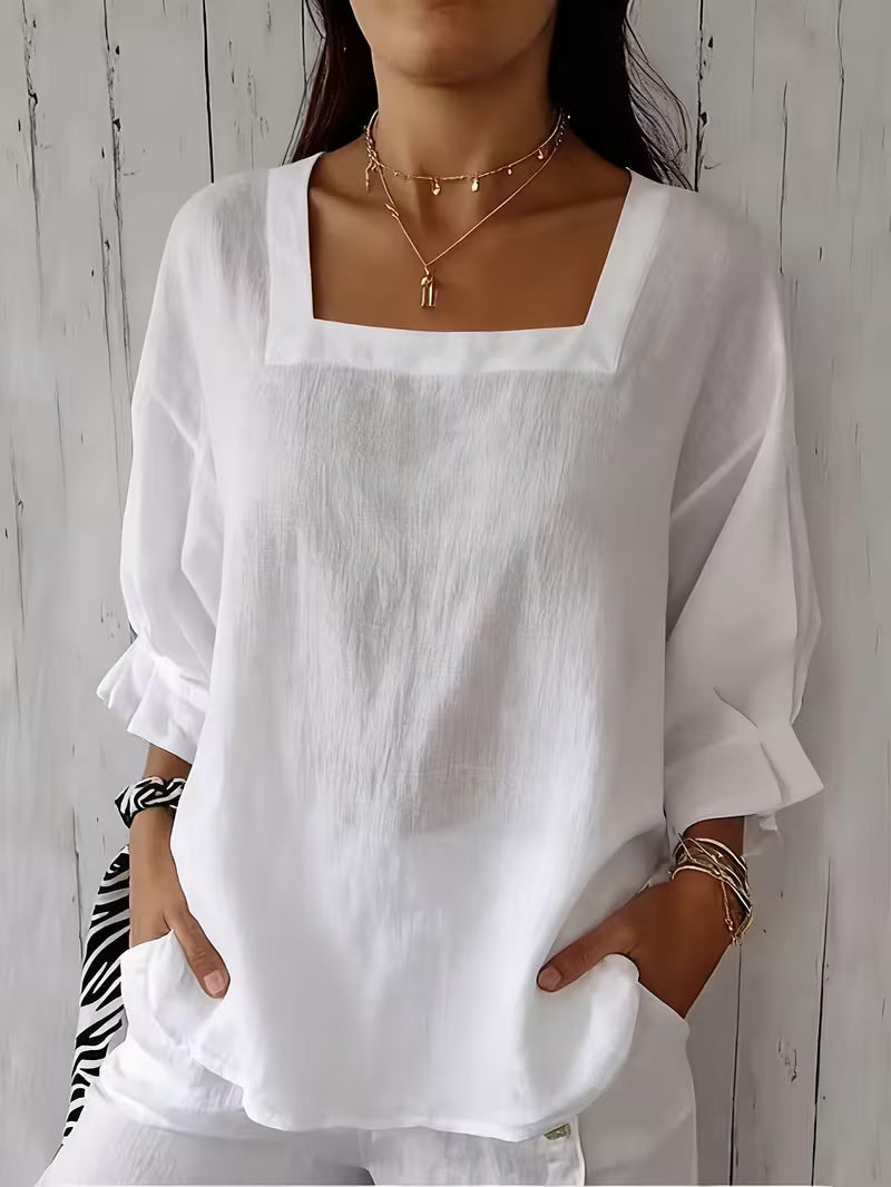 Blusa mujer de cuello cuadrado con mangas largas fluidas elegante
