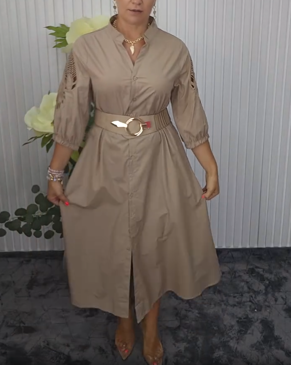 Vestido Camisero con Cinturón – Corte Midi Fluido Elegante