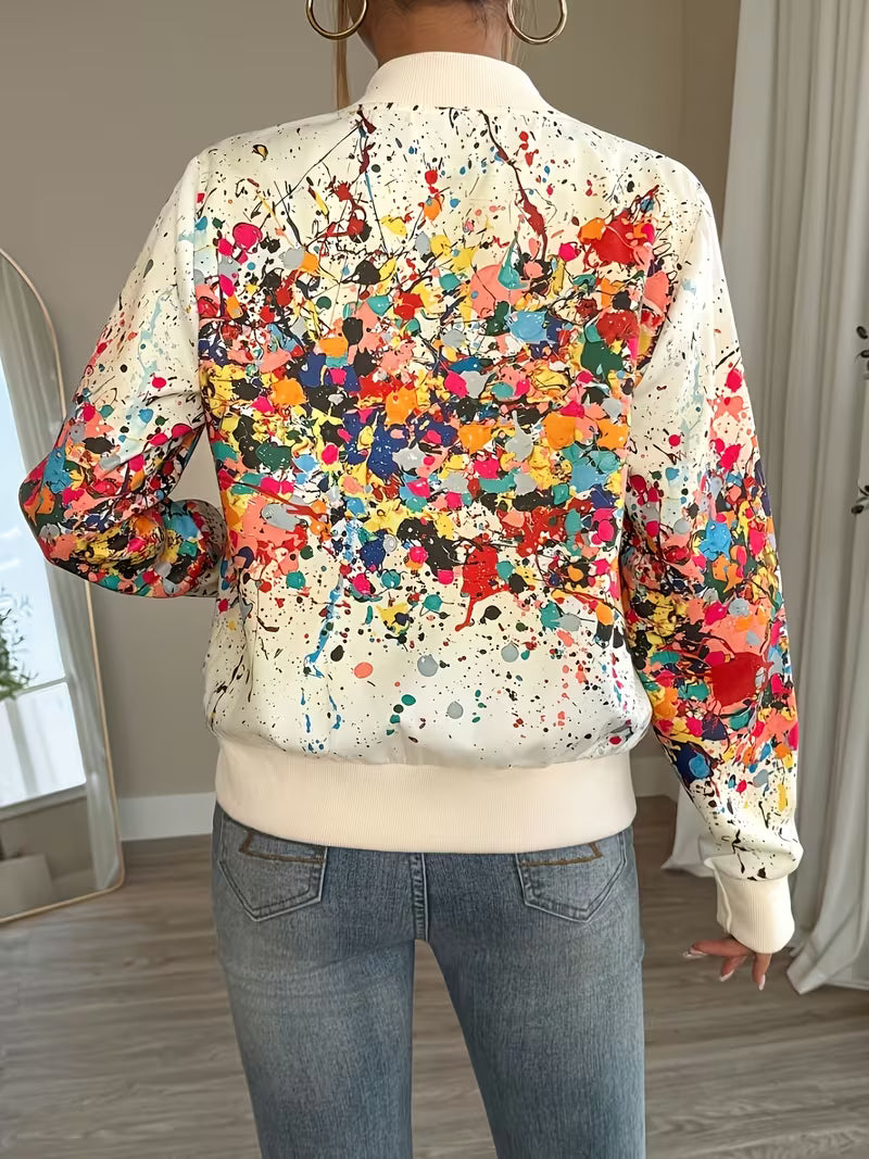 Chaqueta bomber de mujer con estampado abstracto y cremallera