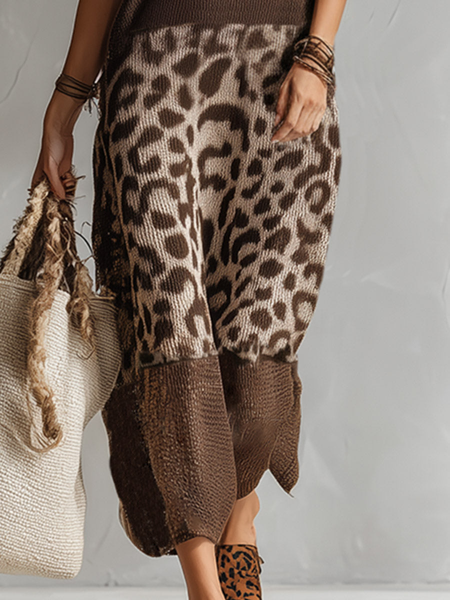 Vestido largo mujer punto sin mangas estampado leopardo cuello alto