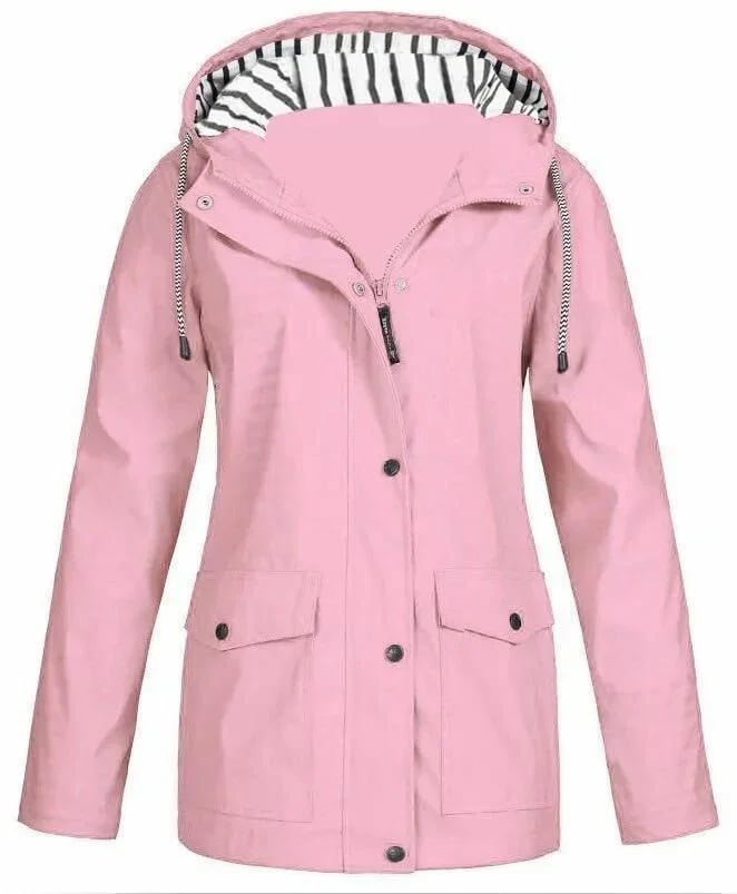 Chaqueta impermeable de mujer con capucha y bolsillos frontales