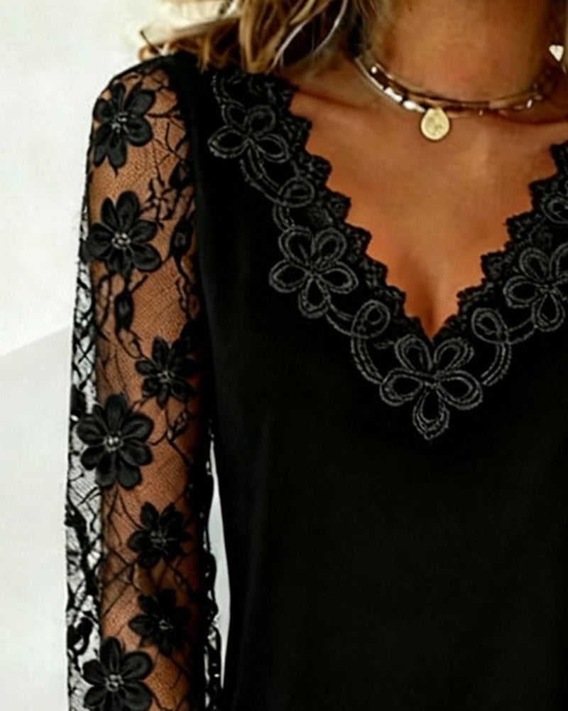 Blusa Mujer Elegante Con Encaje Y Escote En V – Top Casual De Manga Larga