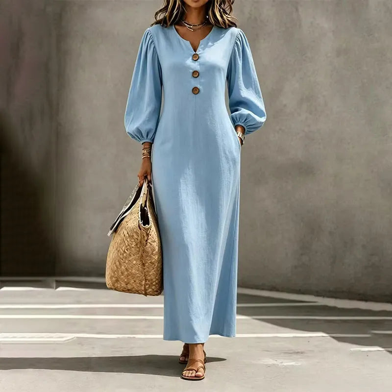 Vestido maxi mujer con escote en V y mangas abullonadas
