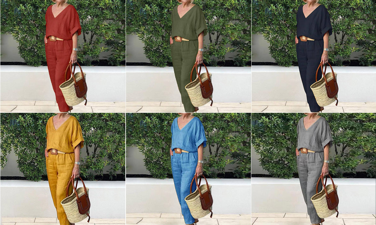 Conjunto mujer cuello V pantalón recto bolsillos casual chic