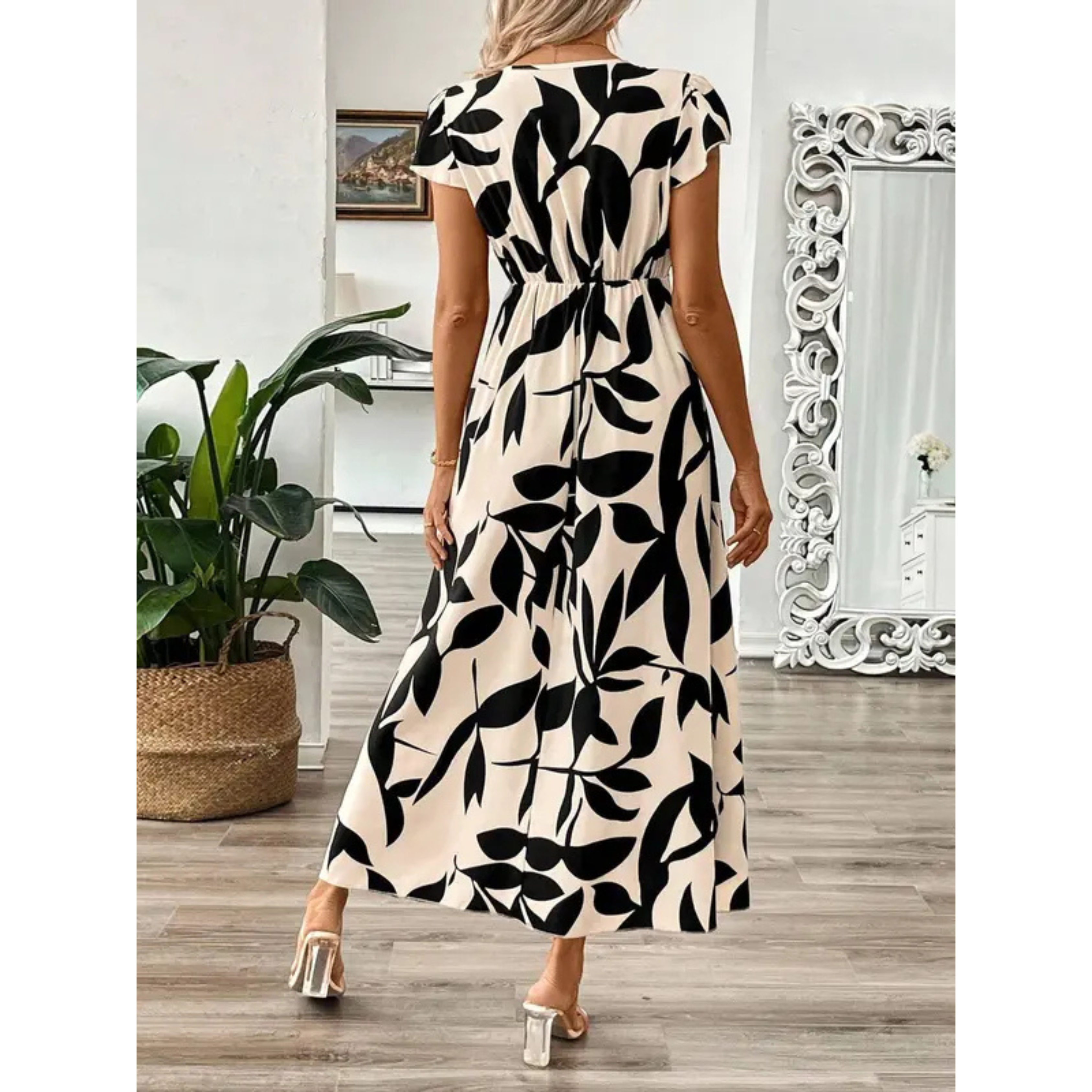 Vestido maxi mujer flores negro beige elegante fluido