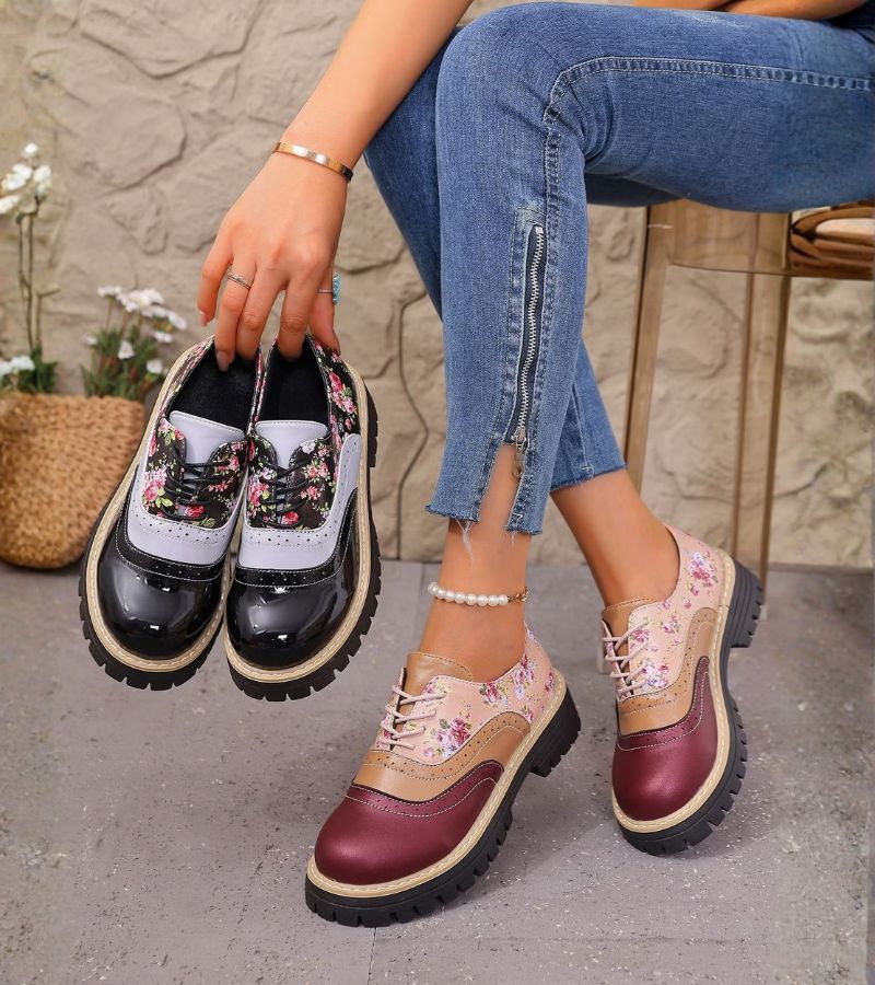 Zapatos Oxford de mujer con estampado floral y suela gruesa