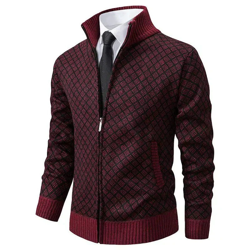 Cárdigan hombre cremallera cuello alto tejido jacquard romboidal moderno invierno