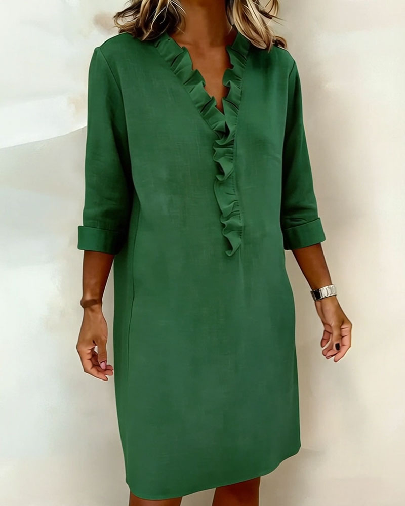 Vestido mujer lino algodón escote V volantes elegante casual