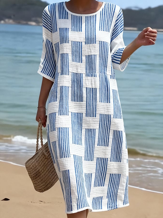 Vestido mujer algodón lino estampado – vestido casual manga media