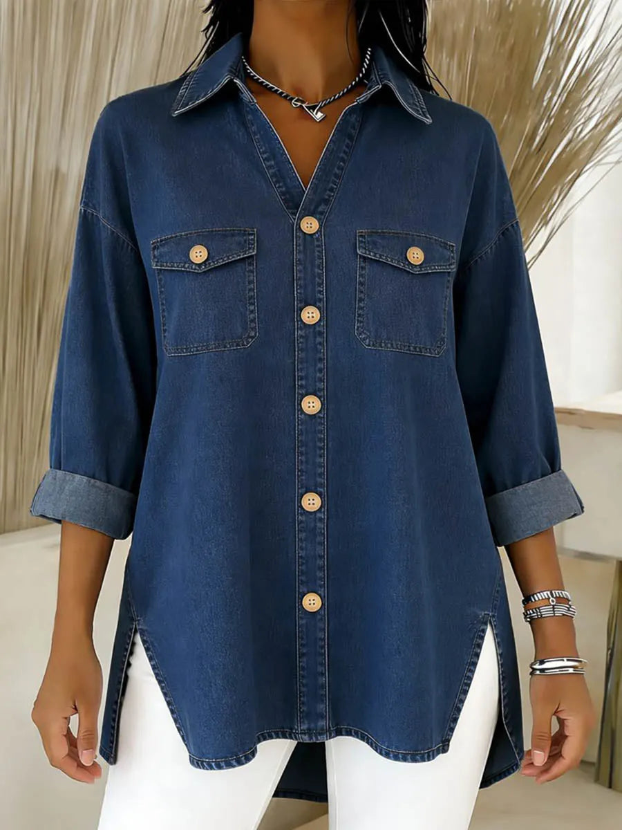 Camisa larga de denim para mujer con bolsillos y corte amplio