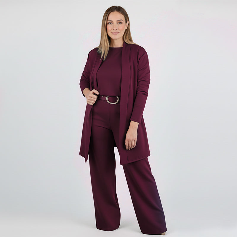 Conjunto tres piezas mujer con cárdigan largo elegante