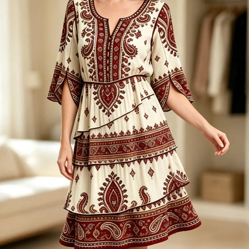 Vestido bohemio mujer con volantes y estampado étnico