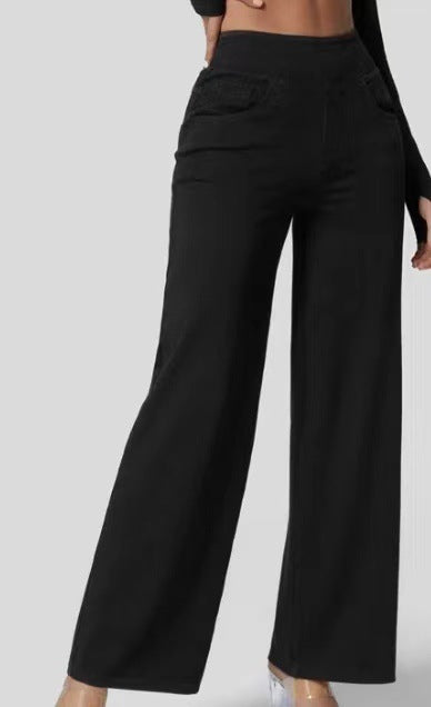 Jean mujer pierna ancha talle alto denim elástico moldeador casual moderno