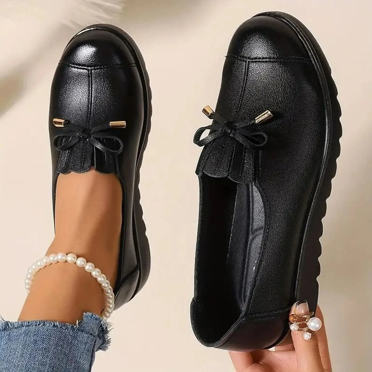Mocasines para mujer con lazo decorativo y suela de plataforma