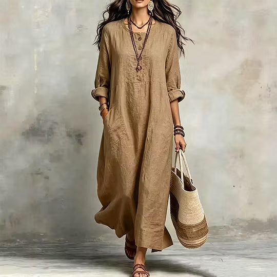 Vestido largo para mujer de corte amplio con botones y bolsillos