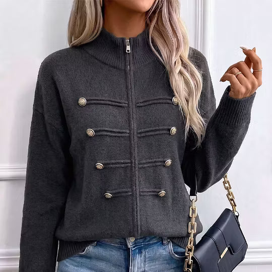 Cárdigan de punto para mujer con cuello alto, cremallera y botones decorativos