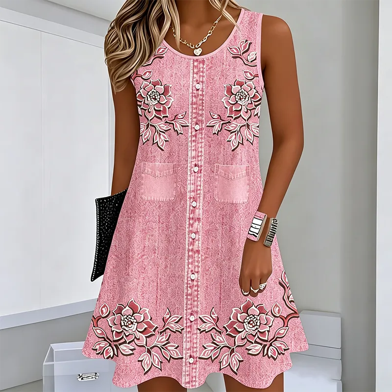 Vestido mujer sin mangas floral con botones y corte en A
